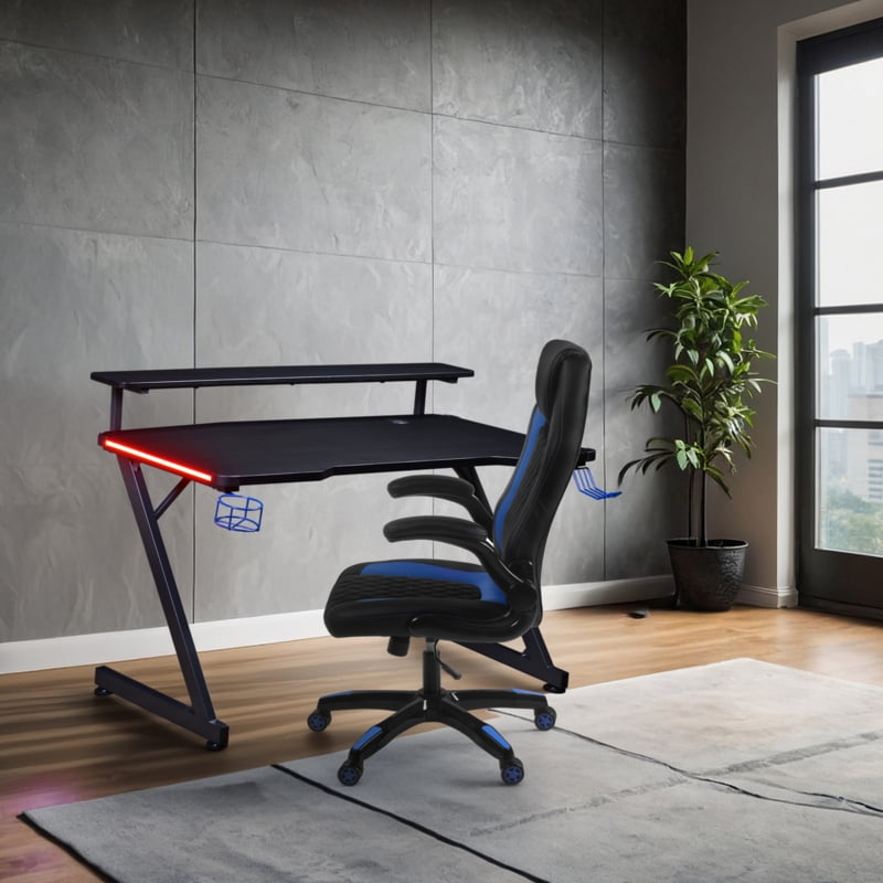 AON Gaming Desk & Gaming Chair Set – LED Carbon Fiber Desk with Riser Shelf and Ergonomic Racing-Style Gaming Chair, Black/ Blue