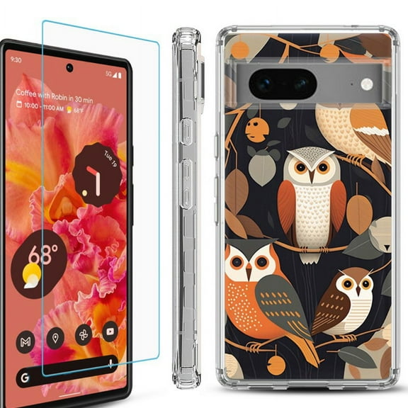 OneToughShield ® Compatible with Google Pixel 8, Shockproof Phone Case, with Tempered Glass Screen Protector - Owl Mix