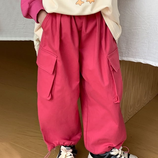Children Solid Color Drawstring Shorts Baby Girl Pockets Cargo Pants Length Pants