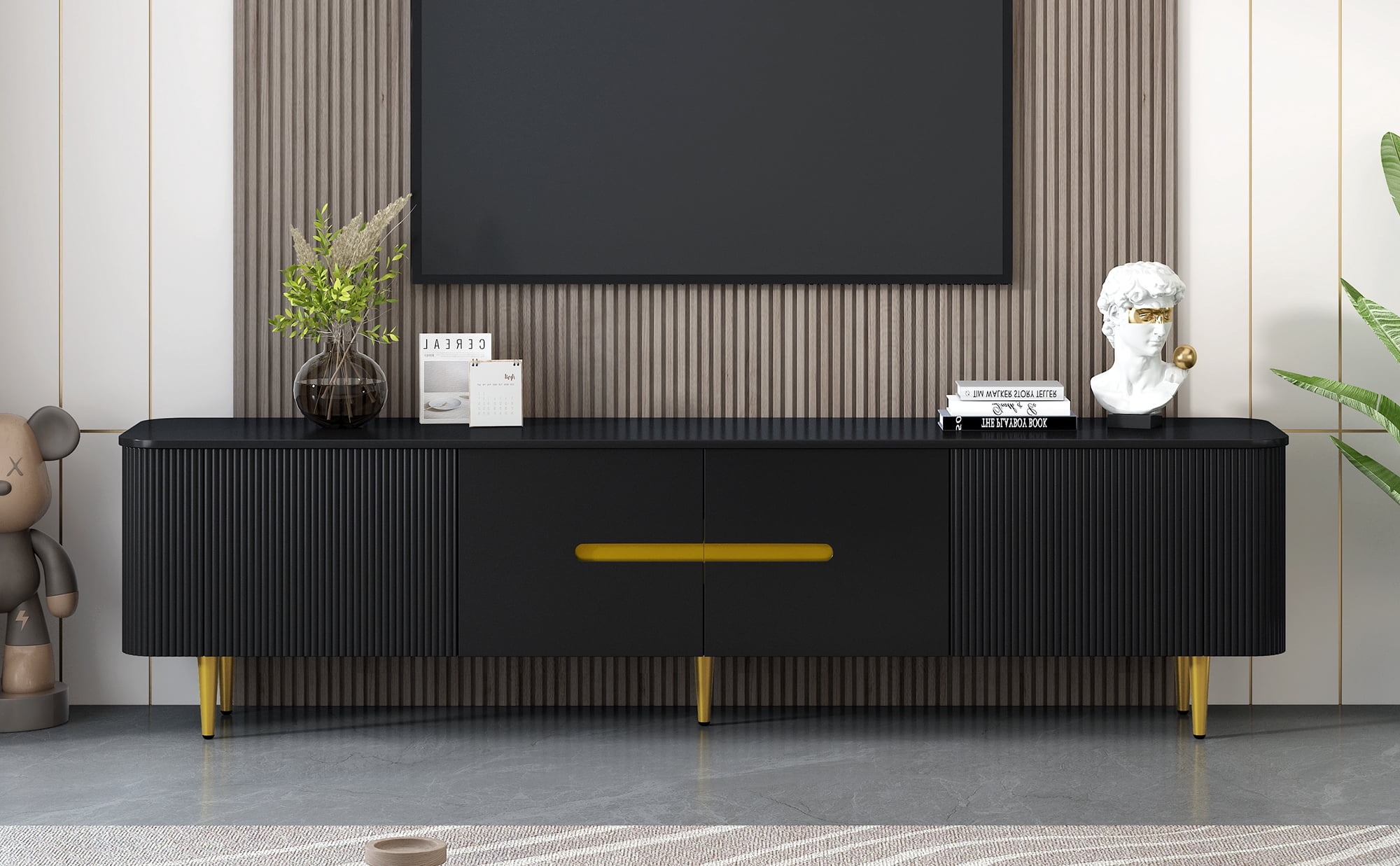 Euroco Modern Minimalist TV Stand with 4 Cabinets and Gold Metal Legs