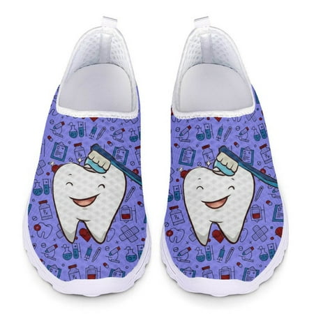 

Cartoon Teeth Pattern Loafers Women Slip On Medical Icon Protection Teeth Print Mesh Sneakers Protective Versatile Walking Shoes
