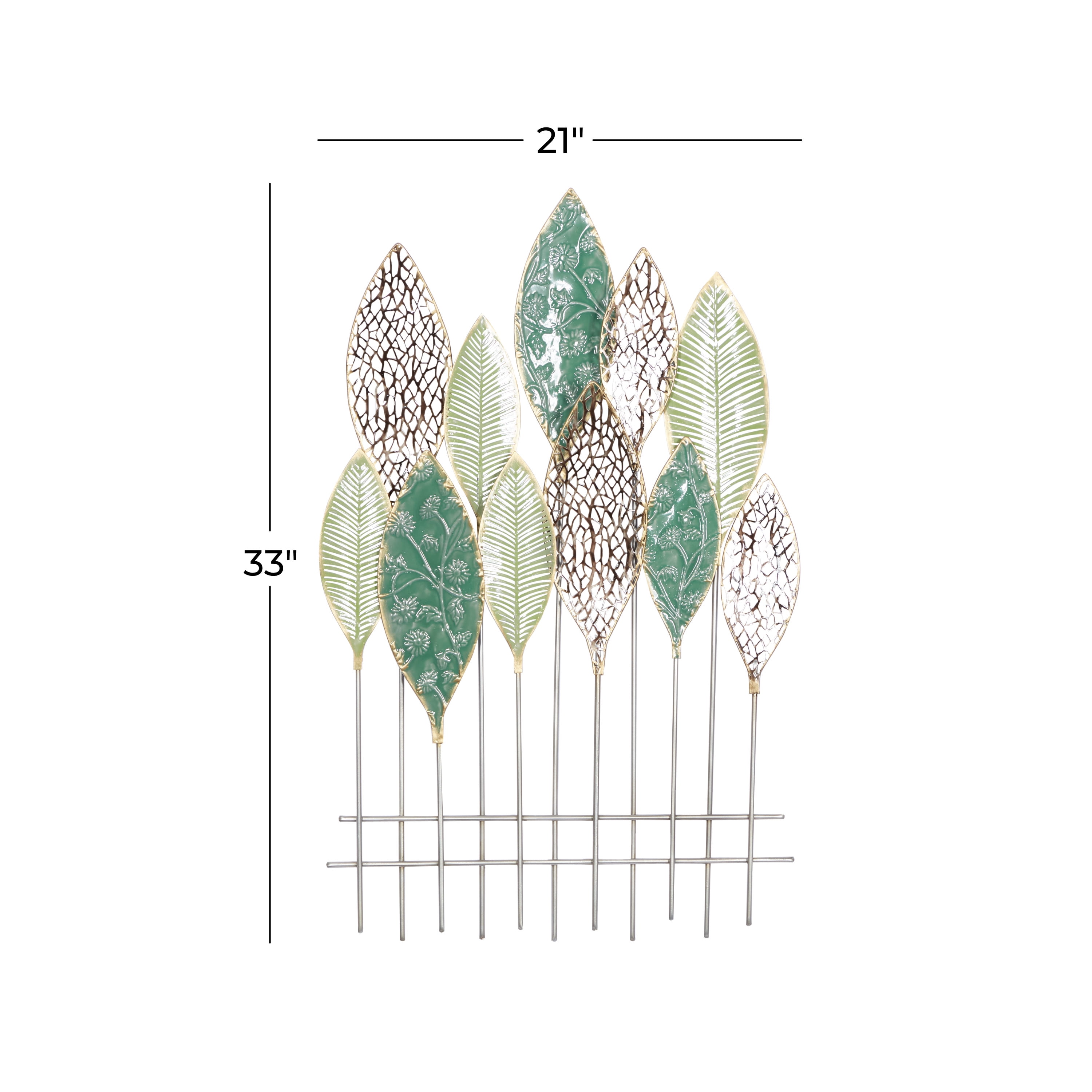 DecMode Green Metal Tall Cut-Out Leaf Wall Decor with Intricate Laser Cut Designs