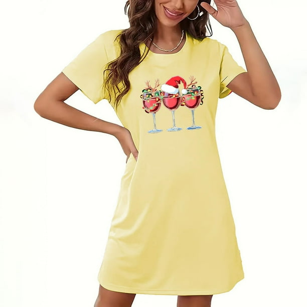 Camisón corto navideño para mujer, talla grande, cuello redondo, manga corta, estampado en el pecho, vestido de noche para mujer