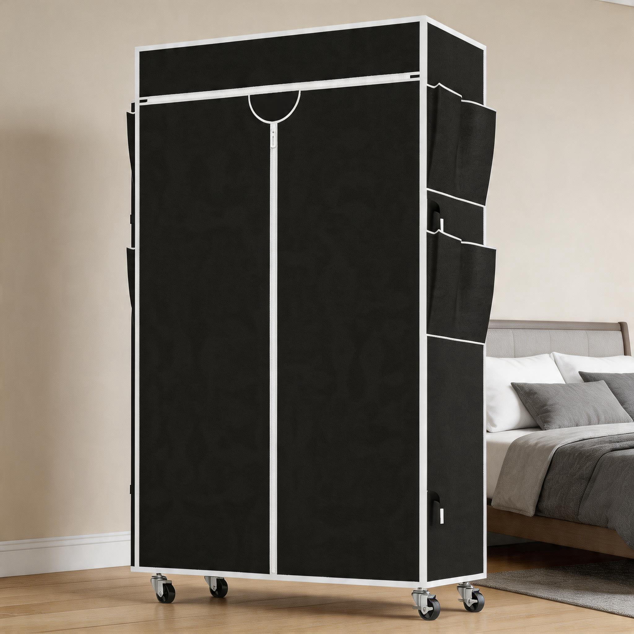Sailvan Heavy Duty Clothing Rack with Cover, Portable Closet Wardrobe with Double Hanging Rods and Wheels, 3-Tier Storage Shelves,Black