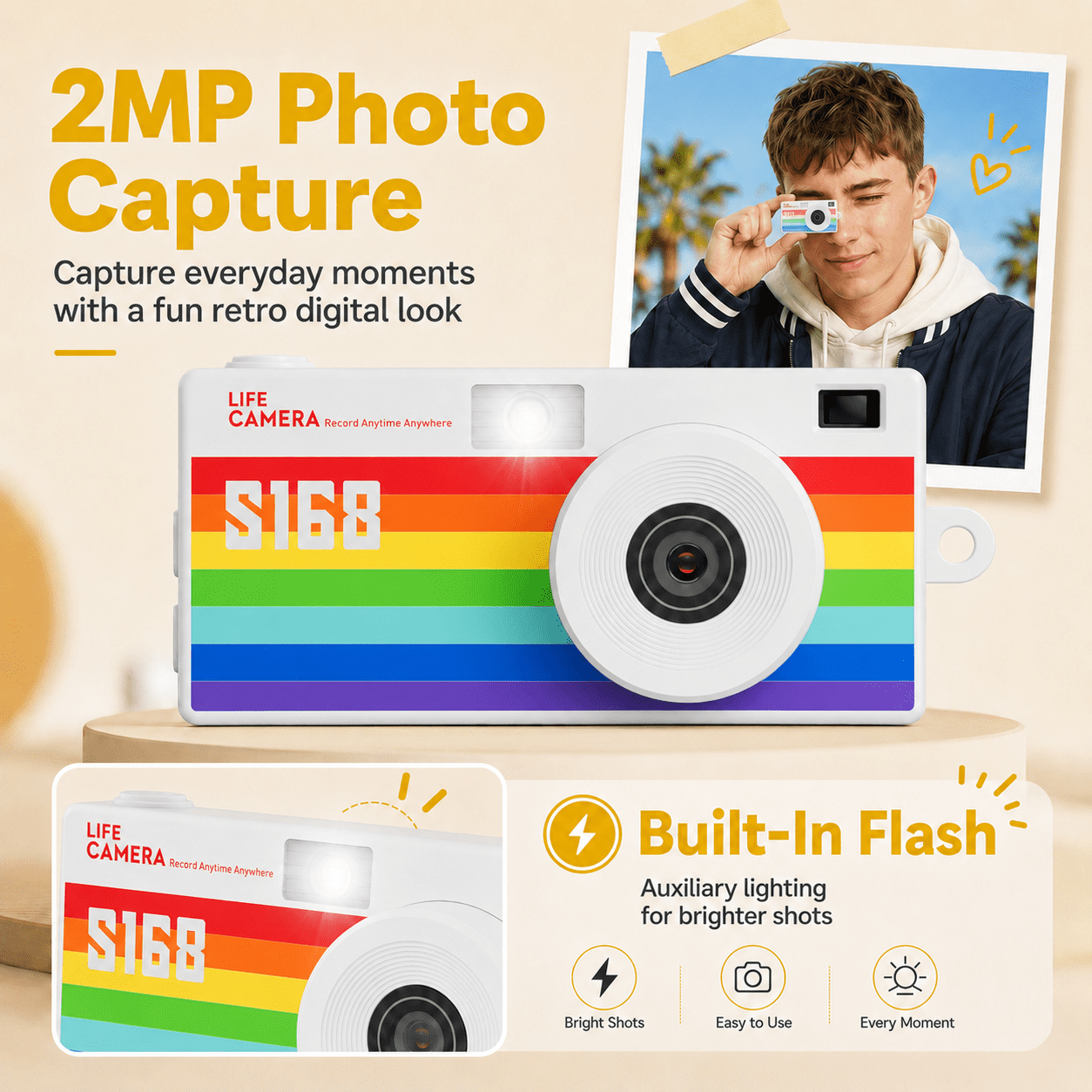S168 Mini Digital Camera, 1440P HD Portable Keychain Design with 16GB Card, 7 Filters, Built-in Light, Usb-C Cable, White