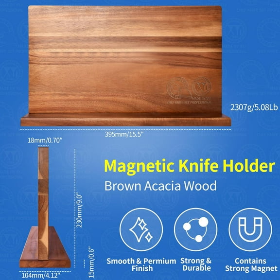 Extra Large Magnetic Knife Block - Acacia Wood Knife Set Holder with Strong Magnetic Strip for Kitchen Knives Storage