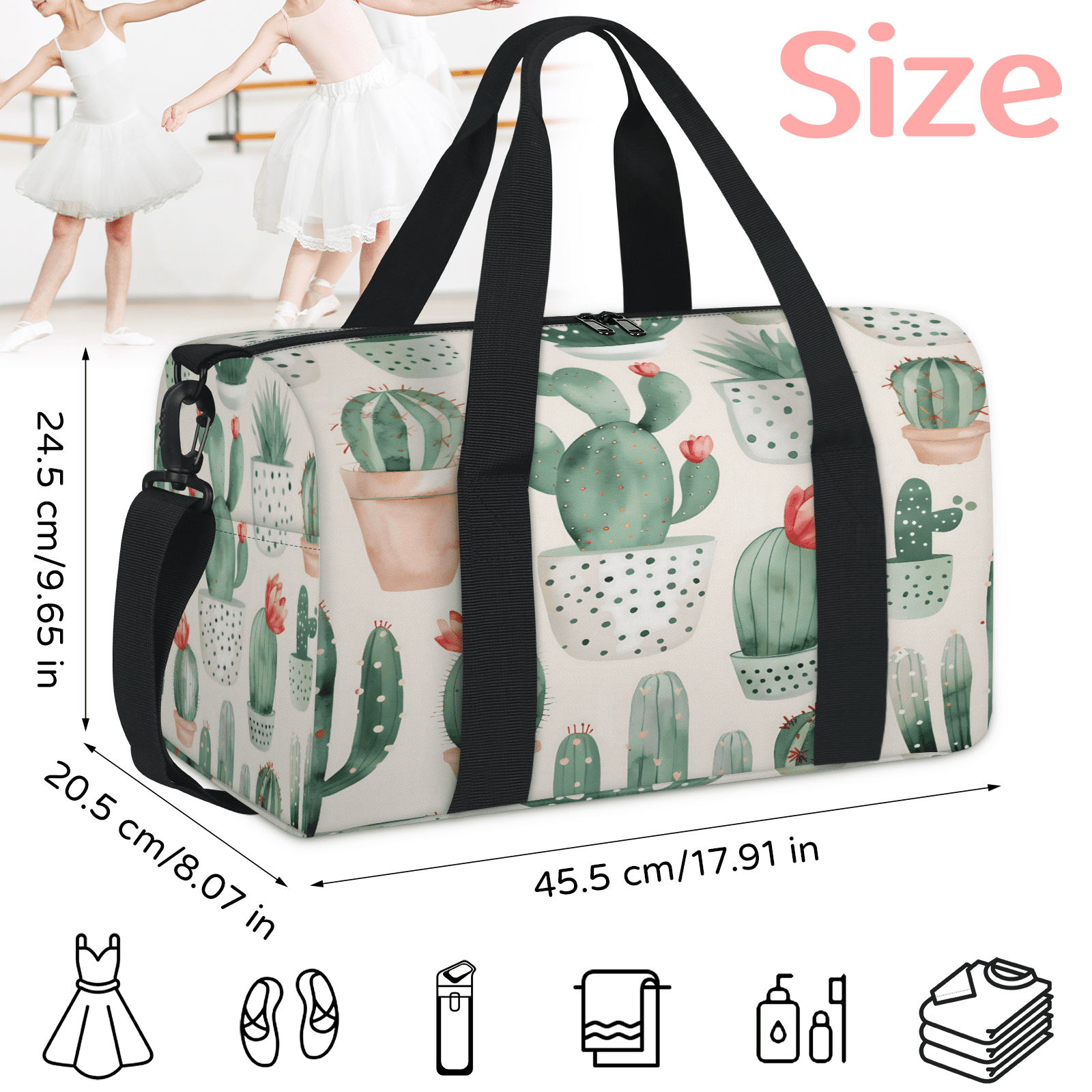 Herdesigns Cactus Travel Duffle Bag Sports Yoga Weekender Overnight Carry on Workout Bags Lightweight Waterproof Gym Tote Bag for Women