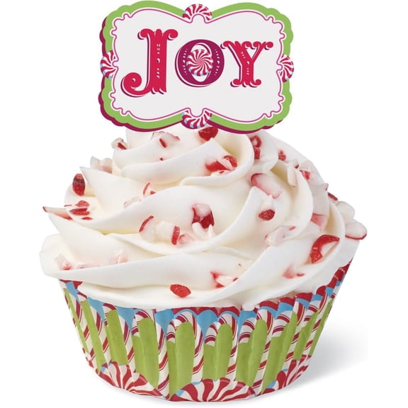 Christmas Holidays Joy Cupcake Liners Baking Cups & Toothpick Toppers - Pack of 48