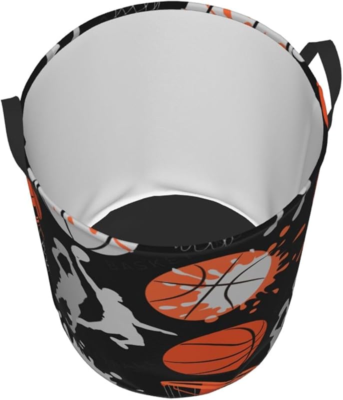 Basketball Sport Theme Laundry Hamper Bag With Waterproof Liner - Round Laundry Basket Foldable Clothes Storage Organizer For Bathroom Bedroom Nursery Dorm