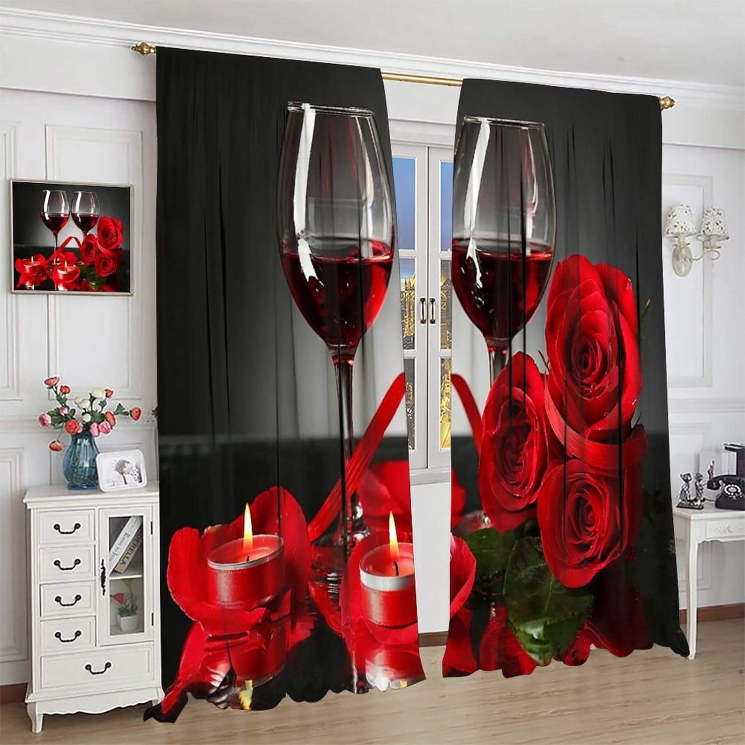 Red Rose and Wine Kitchen Curtains Women Floral Drapes Girls Valentine Decor Cafe Blackout Rod Pocket Red Curtains for Kitchen Bedroom Living Room Romance Love Print Window Drapes 84x84in