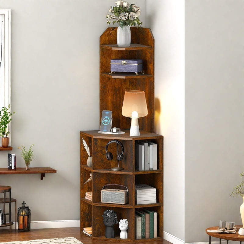 Uforic 5-Tier Corner Shelf with 9 cube,  Wooden Display Bookcases Bookshelf  with USB Ports, Brown