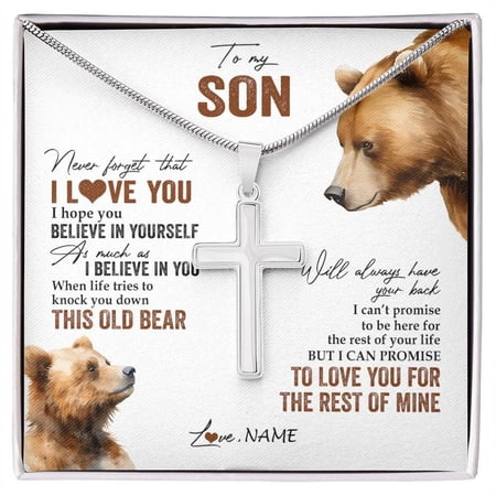 To My Son From Mom Dad Mother Father Never Forget That I Love You Bear Son Birthday Graduation Box Message Card, Multi Cross Necklace