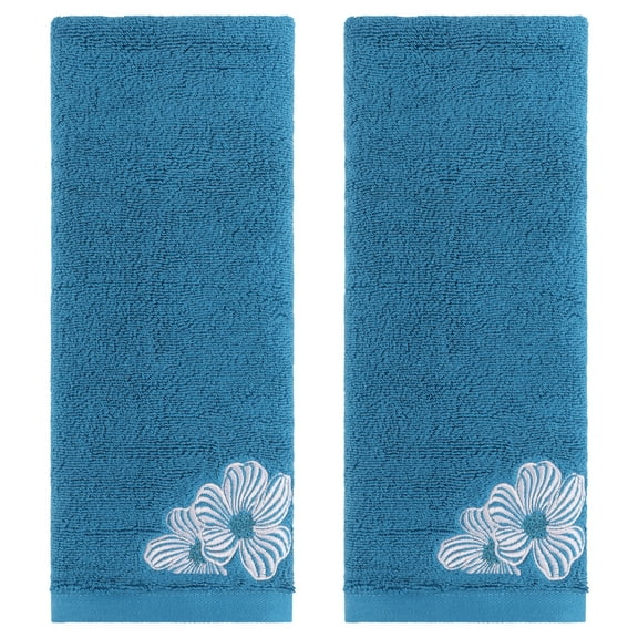 REGALWOVEN Hand Towels Set of 2 Embroidered Floral Pattern Decorative Towel Cotton Absorbent Soft Bathroom Hand Towel Set Blue 14" x 31"