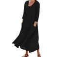 thumbnail image 1 of Vestido boho de manga 3/4 y cuello redondo con bolsillos para mujer - Color liso, corte holgado, vestido veraniego informal con estampado floral, 1 of 4