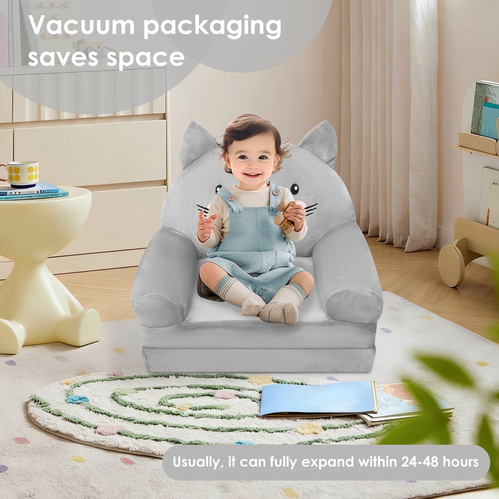 Dznils Toddler Sofa Chair, 2-in-1 Soft Foam Flip Open Kids Couch Lounger Comfy, Ages 1+, Gray Cat
