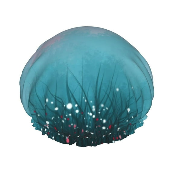 YFYANG Women's Double Waterproof Shower Cap, Blue Watercolor Flowering Bush Reusable Hair Cap for All Hair Styles and Head Sizes