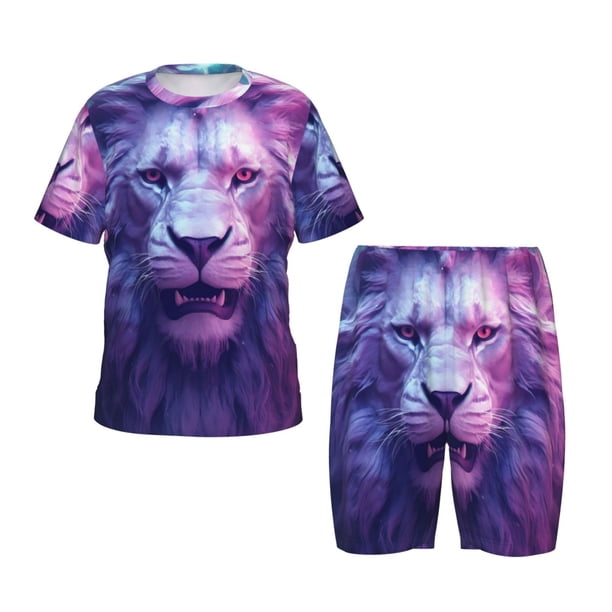 Balery Cool Lion Head Conjunto de Pijama Infantil de Manga Corta con Estampado – Ropa de Dormir de Algodón Suave-X-Large