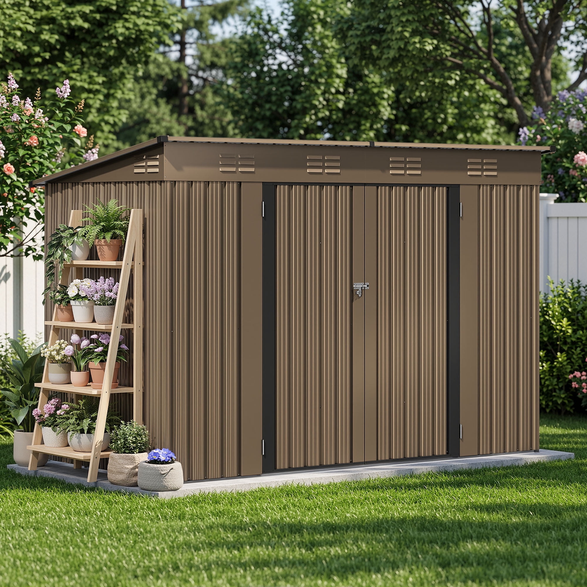Uforic 9x4ft Metal Outdoor Storage Shed, Heavy Duty Lockable Tool Shed with Vents, for Backyard Patio Lawn Bike Lawn Mower Garden Tools, Brown