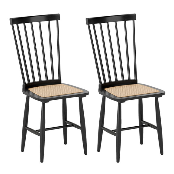 Furnibear Farmhouse Dining Chairs Set of 2 with Woven PE Rattan Seat and Solid Rubber Wood Frame for Kitchen and Dining Room, Black