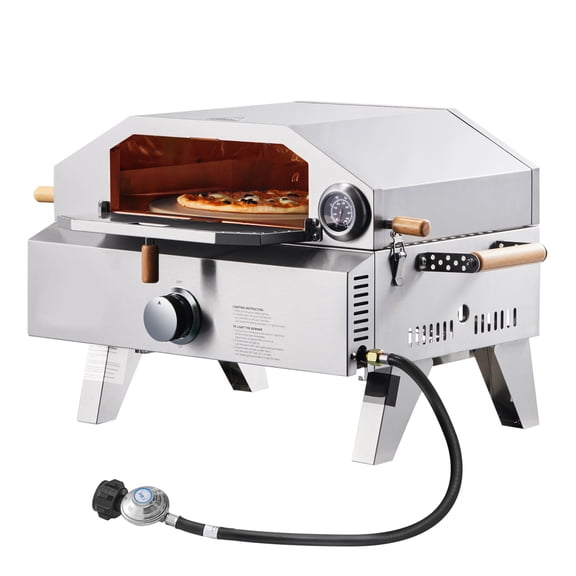 13 Inch Gas Fired Outdoor Pizza Oven Portable 2 in 1 Pizza Maker and BBQ Grill with Thickened Cordierite Pizza Stone Built in Thermometer for Camping and Backyard