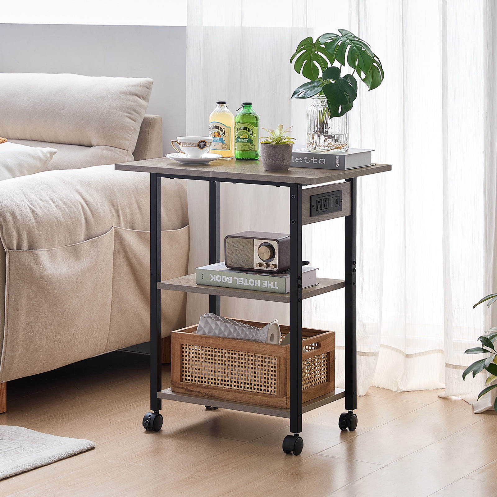 3 Tier Leyaoyao Printer Stand, Computer Tower Stand with Industrial Lockable Wheels & Storage Drawer Large Mobile Table for Home Office Multi-Equipment Organization, Oak