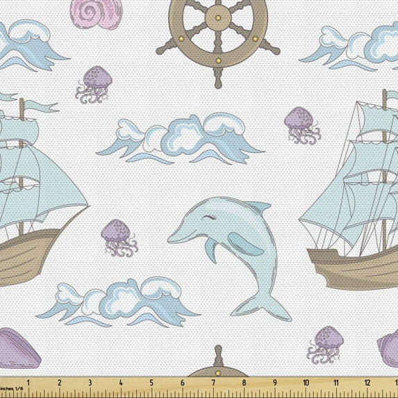 Nautical Upholstery Fabric by the Yard, Pastel Sea Cruising Waves Dolphins Steering Wheel Sailing Boat Jellyfish, Decorative Fabric for DIY and Home Accents, White and Multicolor by Ambesonne