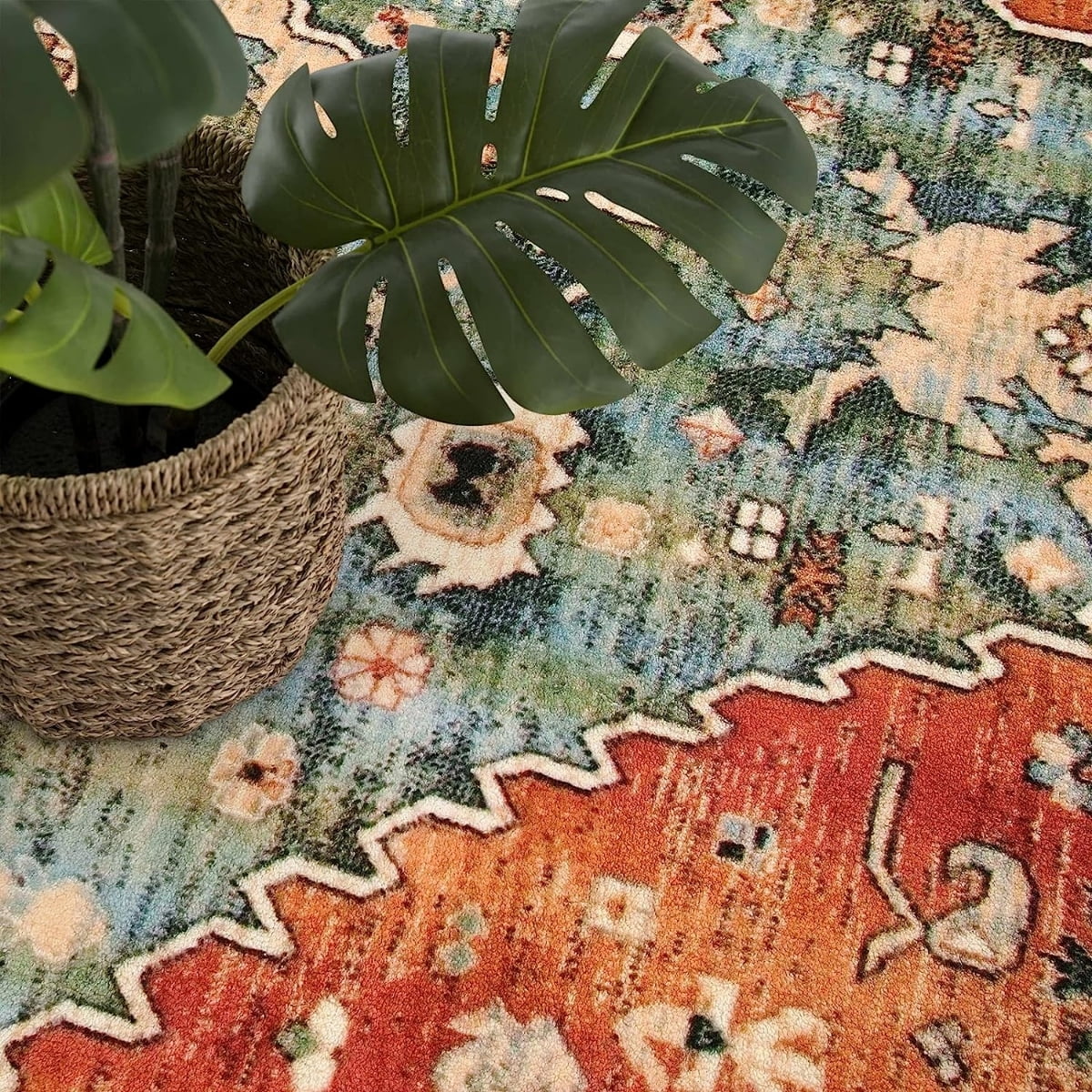 Lahome 8'x10' Area Rugs for Living Room,Machine Washable Rugs,Low Pile Non Slip Vintage Floral Print Rug Carpet for Entryway,Hallway,Kitchen,Home Decor,Geometric Tribal