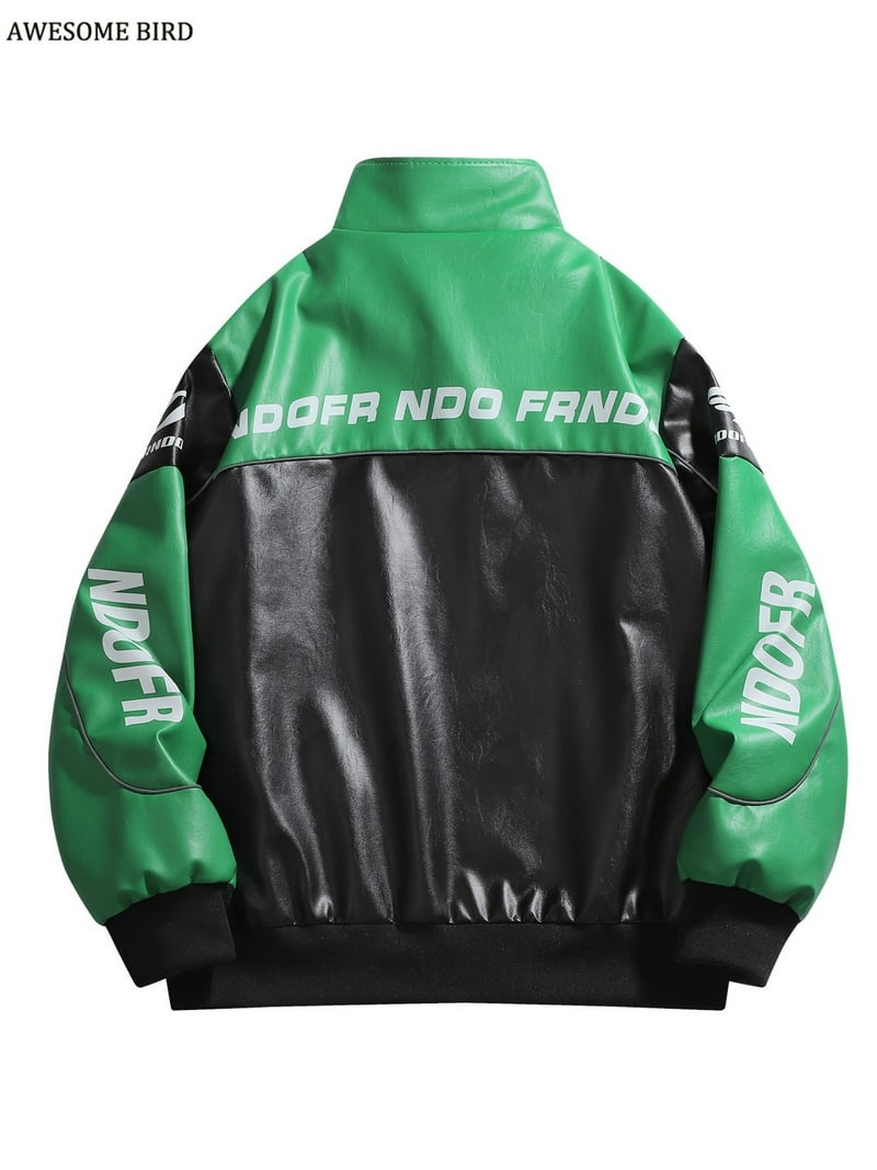 Men's Racing Style Zip Jacket - Green & Black Color-Blocking