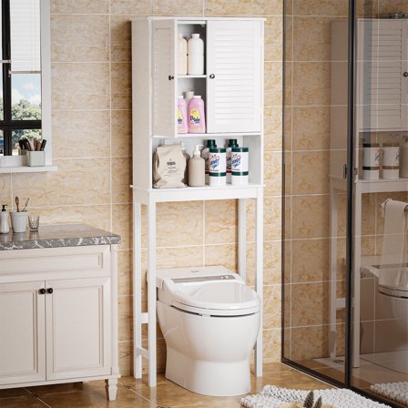 Over The Toilet Storage Cabinet with Adjustable Shelves & Double Doors, bathroom storage over toilet, Anti-Tip Kit, Space-Saving toilet organizers and storage, Shutter Design, White