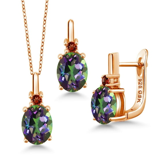 Gem Stone King 7.65 Ct Green Mystic Topaz Red Garnet 18K Rose Gold Plated Silver Pendant and Earrings Jewelry Set