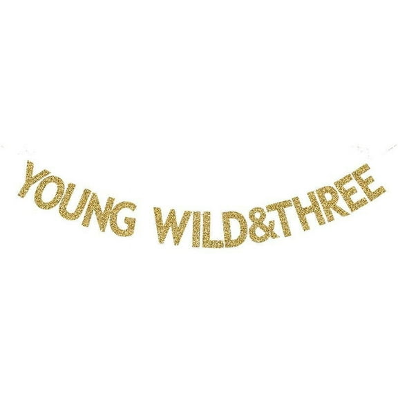 Young Wild&Three Banner, Fun Gold Gliter Paper Sign for Kids/Boys/Girls 3rd Birthday Party, Wild Themed Birthday Party Decorations