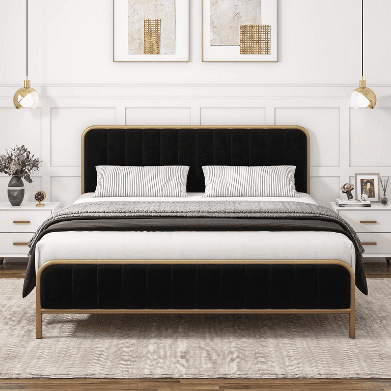 Homfa Full Bed Frame, Velvet Tufted Upholstered Platform Bed with  Adjustable Gold Trim Headboard, Beige 