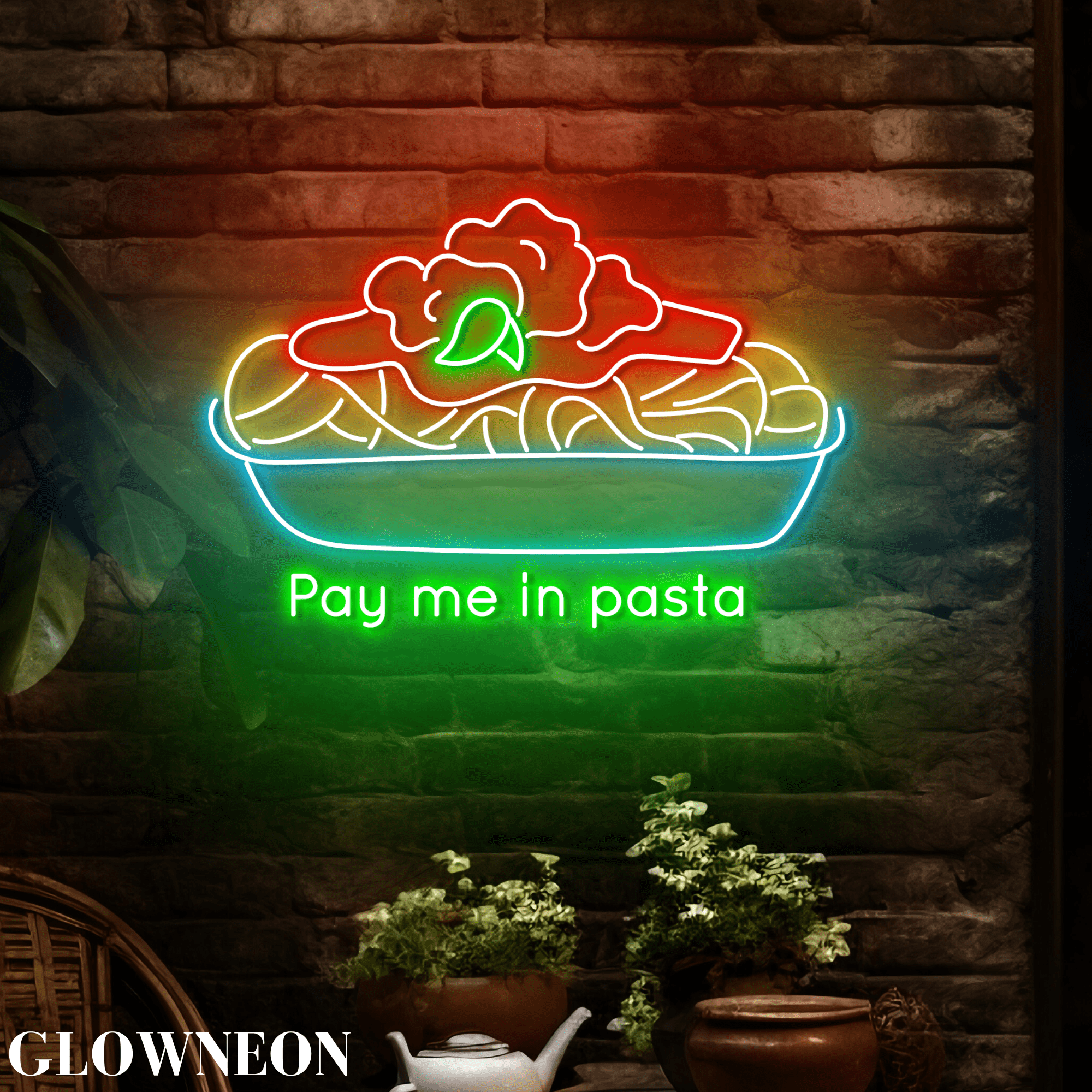 Glowneon Pay Me In Pasta Neon Decor, Italian Pasta Noodle Shop Light