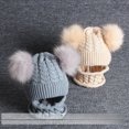 thumbnail image 3 of Gorro de lana para niños, conjunto de bufanda y gorro de punto con doble bola y piel de mapache sintética, 3 of 4