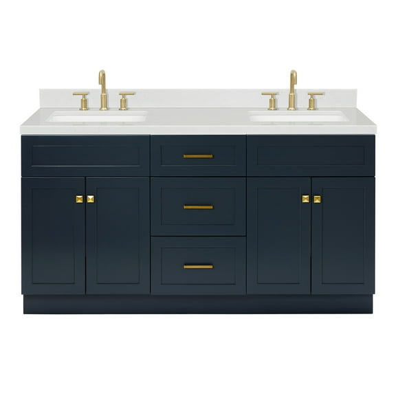 Ariel Hamlet 66 Inch Double Rectangle Sink Bathroom Vanity With Carrara White Quartz Countertop 1.5 Edge In Midnight Blue