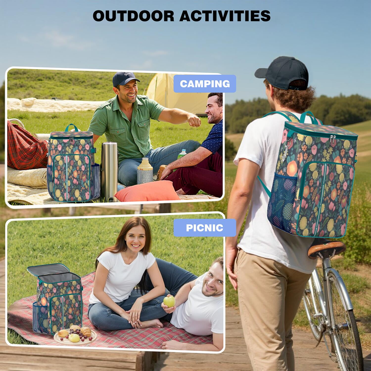 Travel Cooler Bag - Pioneer Flower Floral Print Pattern Camping Beer Cooler Backpack with Bottle Opener- Waterproof Insulated Picnic Backpacks - Cooler Bag for Beach