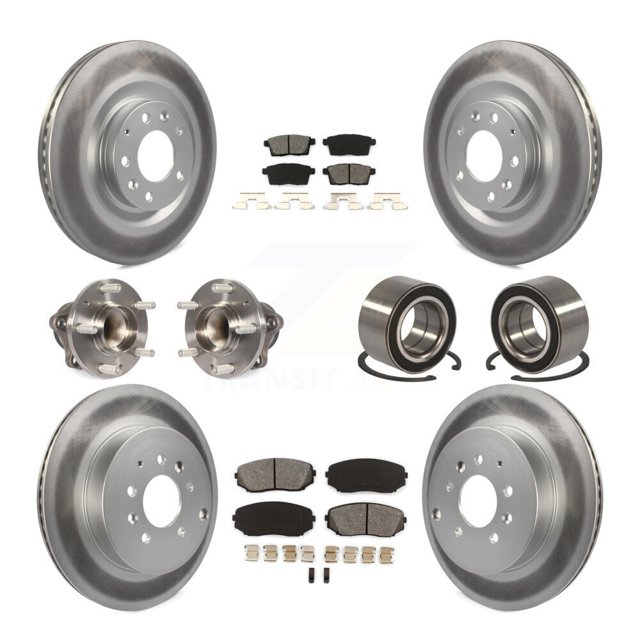 Transit Auto Front Rear Wheel Hub Bearings Assembly Coated Disc Brake Rotors and Semi-Metallic Pads Kit (10Pc) for Car 2007-2015 Mazda CX-9 FWD - Left Right Side (Driver Passenger) KBB-108199