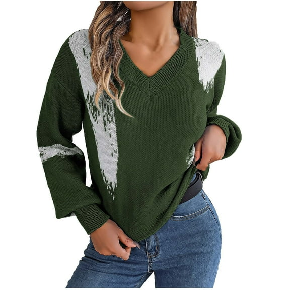 TFEOQRY Women's V Neck Sweater Color Block Distressed Pattern Loose Knit Casual Pullover Fall Winter Top Olive Green
