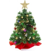 Prextex 22 Mini Christmas Tree with Lights Ornaments and Presents - Small Christmas Tree with Lights Christmas Table Decorations | Little Christmas Tree - Warm White, Green