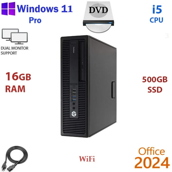 Restored Windows 11 HP Core i5-6500 500GB SSD 16GB DDR4 RAM WiFi Desktop Computer PC Office24 (Refurbished)