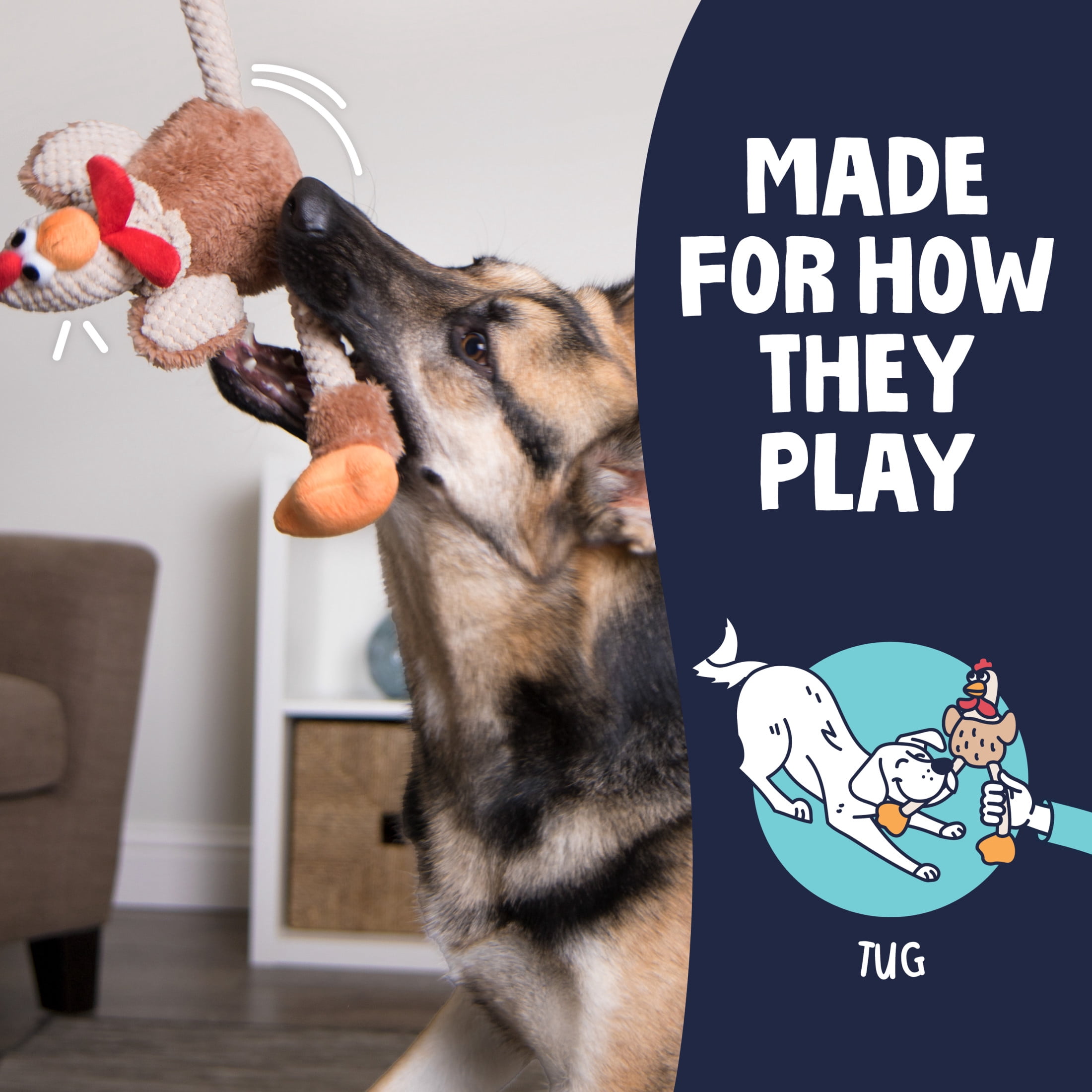goDog Checkers Skinny Rooster Squeaky Plush Dog Toy, Chew Guard Technology - Brown, Large