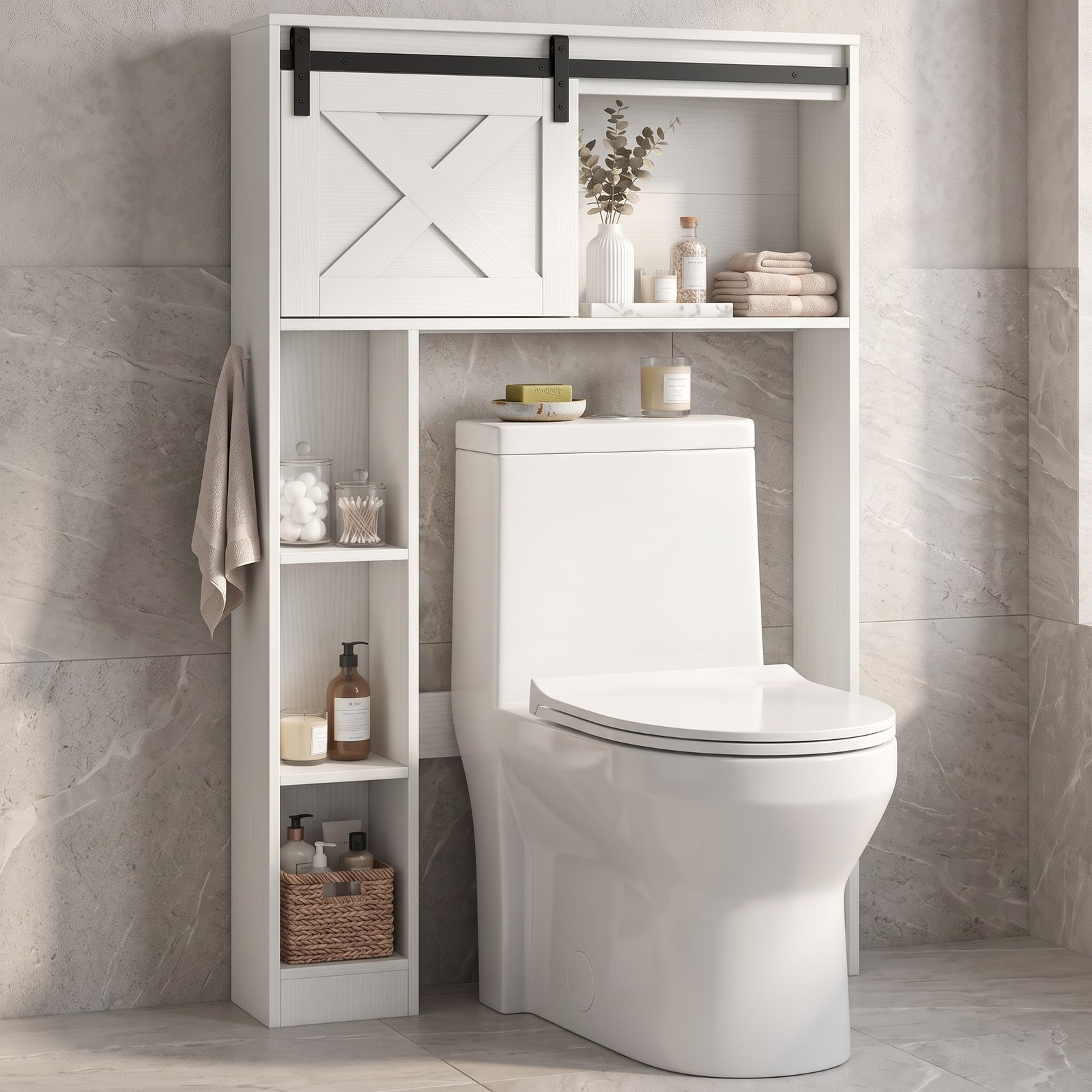 ALPULON 4-Tier Over the Toilet Storage Cabinet with Sliding Barn Door and Open Side Shelves for Bathroom and Laundry Room, White