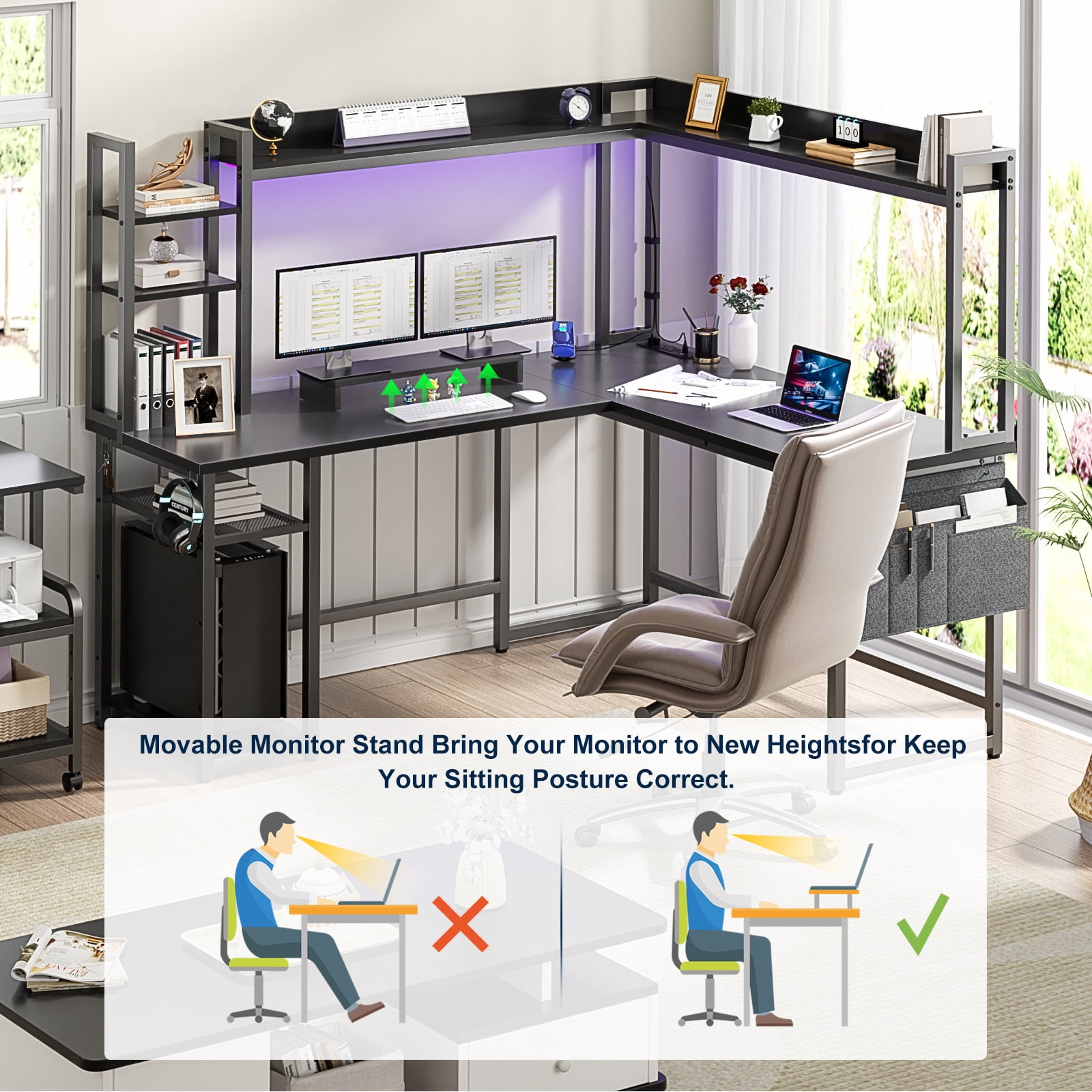 Homieasy L Shaped Desk with Power Outlet and LED lights, Reversible Corner Computer Desk with Hutch and Storage Shelf, Ergonomic L-Shaped Gaming Desk with Monitor Stand for Home Office, Black