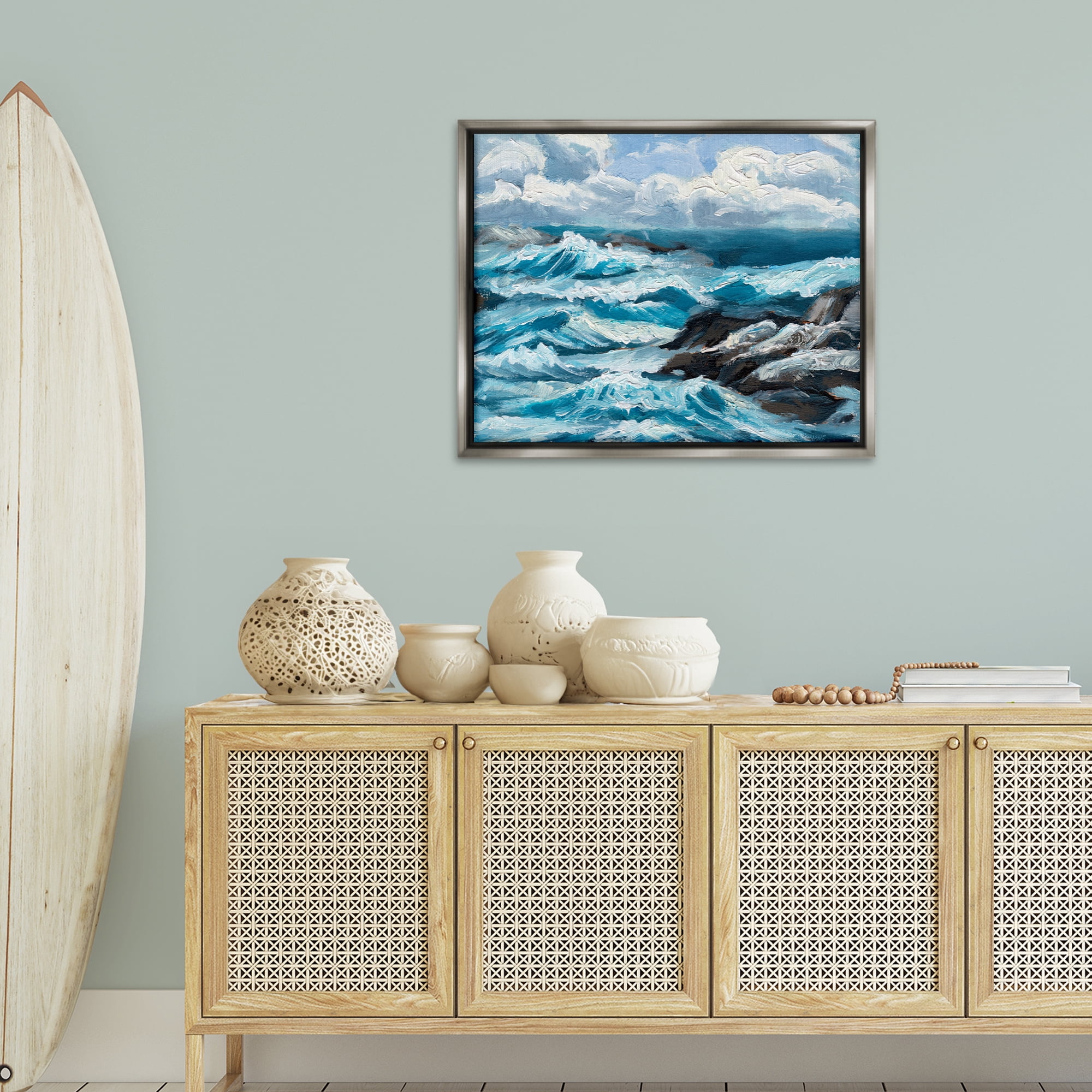 Stupell Industries Rough Sea Waves Splash Nautical & Beach Painting Gray Floater Framed Canvas Art Print Wall Art, 31 x 25