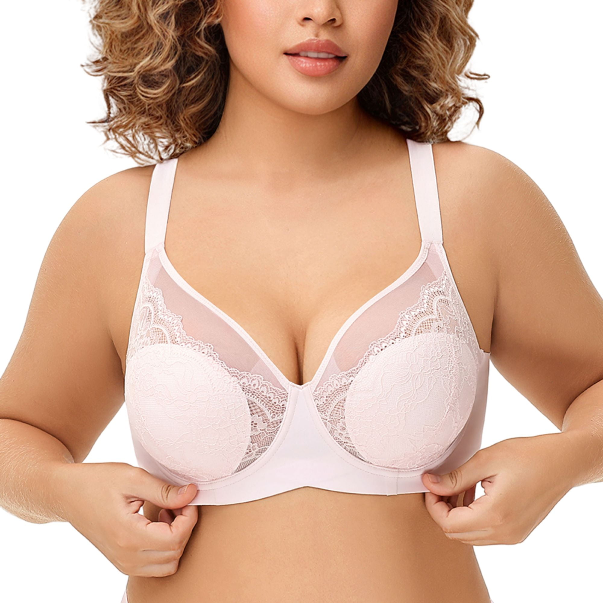 YANDW Lace Full Coverage Bra for Women Underwire Support Plus Sizes Bras with Padding Lift, Pink 40DDD