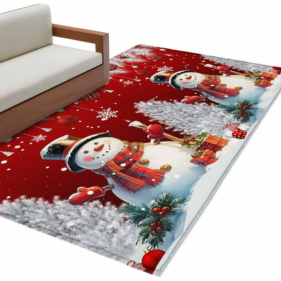 Red Christmas Area Rug 3x5 FT, Non Slip Entryway Bedside Carpet, Xmas Snowflake Balls Tree Washable Soft Floor Carpet Indoor Mat Non-Shedding Throw Rug for Dorm Kitchen Home Office
