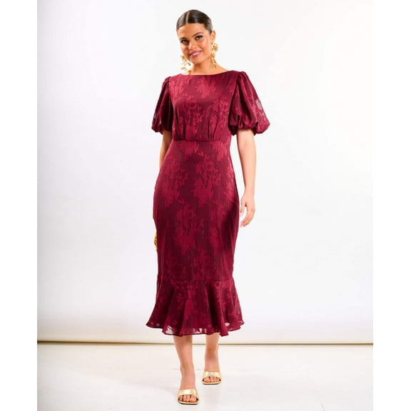 Burgundy Shimmer Puff Sleeve Midi Dress