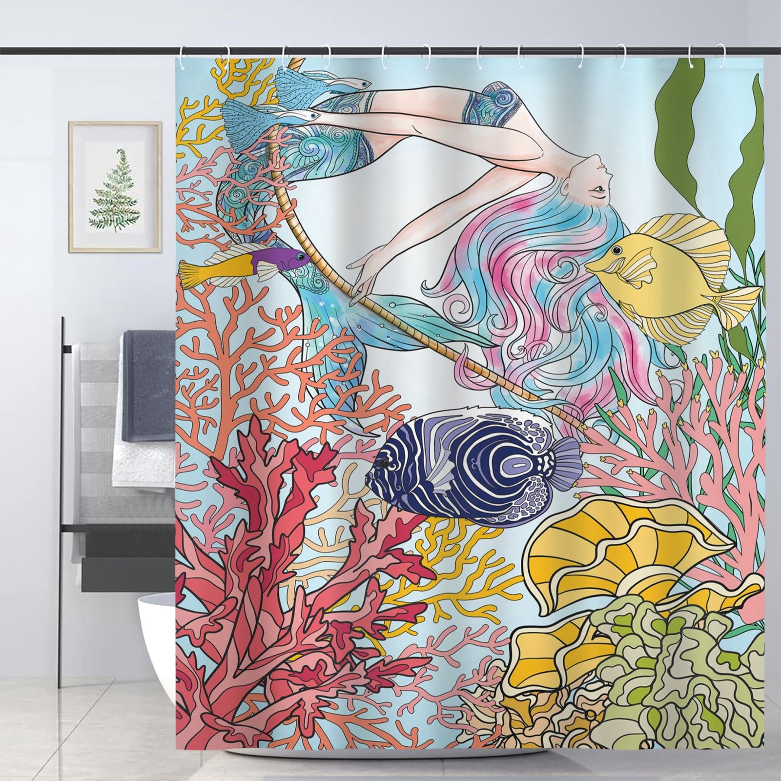 JOOCAR Mermaid Shower Curtain for Bathroom Decoration Fabric Shower Curtain set with 12 Hooks ...