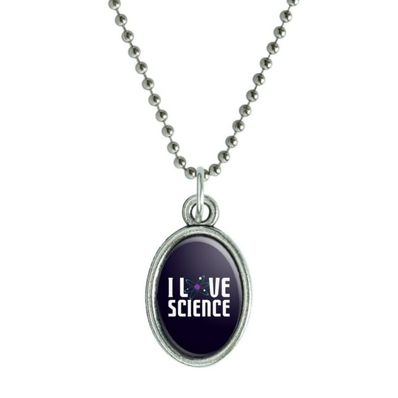 I Love Science Atom Antiqued Oval Charm Pendant with Chain