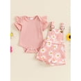 thumbnail image 4 of BemeyourBBs Newborn Baby Girls Summer Clothes Infant Baby Girl 2 Piece Outfit Daisy Bib Overalls Set Short Sleeve Rib Knit Romper With Flower Print Suspender Shorts Set Pockets, 4 of 9